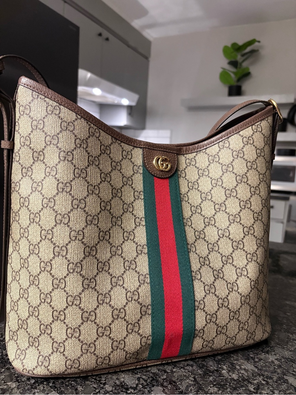 Gucci Beige GG Canvas Shoulder Bag with Red & Green Web